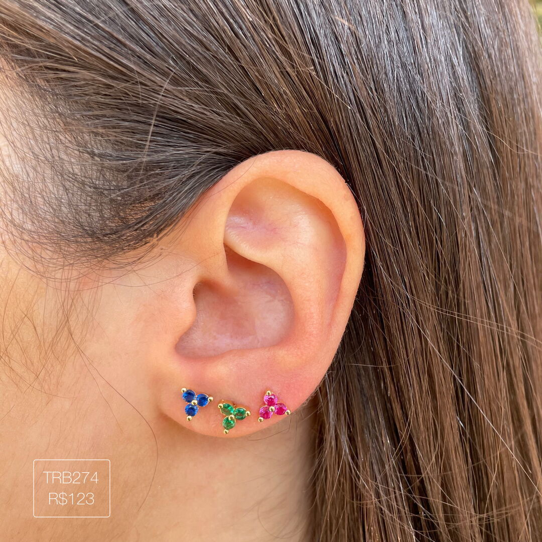 Trio de Brinco Ponto de Luz Triplo Azul/Verde/Rosa Dourado